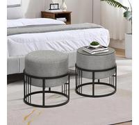 [en.casa] Lot de 2 poufs empilables avec Fonction de Table 2 in 1 Tabouret Rond Repose-Pieds Rembourré Multifonctionnel Élégant pour Salon Séjour Polyester MDF Métal 38 x 38 cm Gris Clair