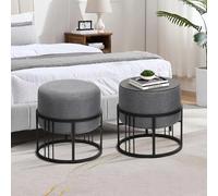 [en.casa] Lot de 2 poufs empilables avec Fonction de Table 2 in 1 Tabouret Rond Repose-Pieds Rembourré Multifonctionnel Élégant pour Salon Séjour Polyester MDF Métal 38 x 38 cm Gris Foncé