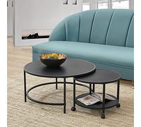 [en.casa] Lot de 2 Tables Basses Rondes Ensemble de Meubles de Salon Gigognes roulettes Espace de Rangement Panneau de Particules Mélaminé Acier Laqué Noir Mat