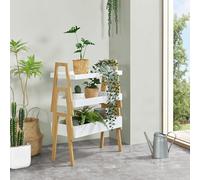 [en.casa] Lot de 3 Étagères Empilables Ensembe de 3 Supports Plantes Set de 3 Petits Meubles de Rangement pour Salon Chambre Bambou 85 x 65 x 30 cm Naturel Blanc