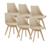 [en.casa] Lot de 6 chaises de Salle à Manger avec Siège Confortable et Rembourré Chaise de Salon Scandinave Construction Robuste Coque Plastique Similicuir Hêtre 82 x 49 x 54 cm Beige