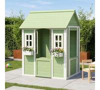 [en.casa] Maisonnette de Jeu pour Enfants Kuoldsvin Cabane avec Toit Incliné Porte Fenêtres Décoratives 2 Jardinières pour Jardin Terrasse Cour Bois de Pin 44 x 107 x 90 cm Vert Blanc