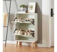 [en.casa] Meuble à Chaussures avec 2 Portes Abattantes avec Façade en Miroir Range-Chaussures pour 8 Paires de Baskets Sandales Entrée Couloir MDF Verre Bois 96 x 63 x 24 cm Blanc