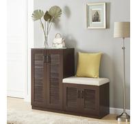 [en.casa] Meuble à Chaussures avec Banquette Armoire à Chaussures pour 18 Paires Meuble de Rangement avec Portes Ajourées MDF 97 x 120 x 36 cm Effet Wengé