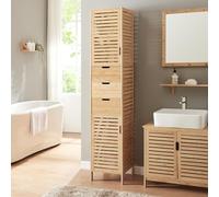 [en.casa] Meuble Colonne de Salle de Bain avec 2 Portes à Fermeture Magnétique 3 Tiroirs Armoire Haute Design Scandinave pour Toilettes Cuisine Bambou 180 x 35 x 35 cm Naturel