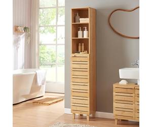 [en.casa] Meuble Colonne de Salle de Bain Porte d'Armoire avec Fermeture Magnétique 3 Compartiments de Rangement Armoire Haute Élégante Bambou 180 x 33 x 30 cm Naturel