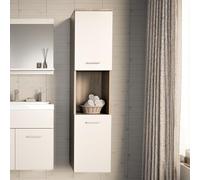 [en.casa] Meuble Colonne de Salle de Bain Suspendu Armoire Haute Murale avec 2 Portes 5 Etagères Panneau de Particules Métal 131 x 30 x 30 cm Effet Chêne Blanc Argent