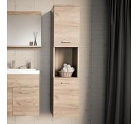 [en.casa] Meuble Colonne de Salle de Bain Suspendu Armoire Haute Murale avec 2 Portes 5 Etagères Panneau de Particules Métal 131 x 30 x 30 cm Effet Chêne Argent