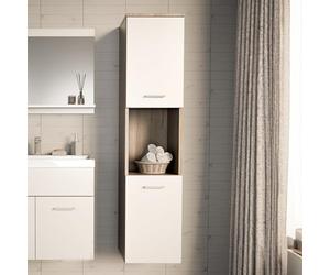 [en.casa] Meuble Colonne de Salle de Bain Suspendu Armoire Haute Murale avec 2 Portes 5 Etagères Panneau de Particules Métal 131 x 30 x 30 cm Effet Chêne Blanc Argent