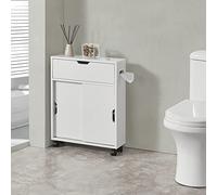 [en.casa] Meuble de Rangement de Salle de Bain sur Roulette Organisateur à Portes Coulissantes avec Fentes Panneau de Particules 67 x 52 x 17 cm Blanc