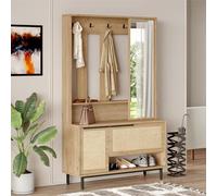 [en.casa] Meuble d'Entrée Portemanteau avec Miroir Compartiments de Rangement pour Chaussures Sacs Panneau de Particules Métal 178 x 112 x 36 cm Effet Chêne Aspect Rotin Noir