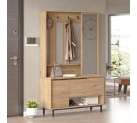 [en.casa] Meuble d'Entrée Portemanteau avec Miroir Compartiments de Rangement pour Chaussures Sacs Panneau de Particules Métal 178 x 112 x 36 cm Effet Chêne Noir