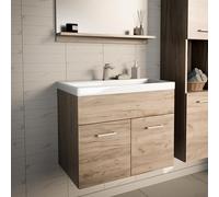 [en.casa] Meuble sous-Lavabo Moderne avec Vasque Céramique et 2 Portes Compartiment Pratique Peu Encombrant pour Salle de Bains Toilette Panneau de Particules 61 x 40 x 50 cm Effet Chêne