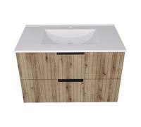 [en.casa] Meuble sous-Lavabo Mural avec Vasque Céramique Spacieuse et 2 Tiroirs Pratique Peu Encombrant Élégant Moderne pour Salle de Bains Toilette MDF Métal 81 x 47 x 52 cm Effet Chêne