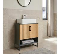 [en.casa] Meuble sous Lavabo Svanes avec 2 Portes à Lattes 2 Compartiments Intérieurs Étagère Inférieure Meuble sous Vasque Salle de Bain WC Bambou 70 x 60 x 30 cm Gris Foncé Naturel