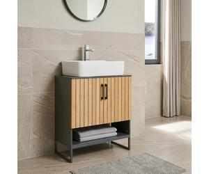 [en.casa] Meuble sous Lavabo Svanes avec 2 Portes à Lattes 2 Compartiments Intérieurs Étagère Inférieure Meuble sous Vasque Salle de Bain WC Bambou 70 x 60 x 30 cm Gris Foncé Naturel