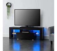 [en.casa] Meuble TV avec Éclairage LED Multicolore Banc Support Design avec Étagères de Verre et Tiroir Panneaux de Particules Mélaminés 130 x 35 x 45 cm Noir