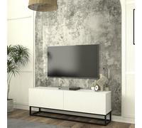 [en.casa] Meuble TV avec Piètement Long Façade Rainuré Banc Télévision Buffet Bas Meuble de Rangement pour Salon Panneau de Particules Métal 135 x 32 x 47 cm Blanc