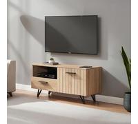 [en.casa] Meuble TV avec Tiroir Porte d'Armoire Compartiment de Rangement Ouvert Banc Télé Design Intemporel pour Salon Panneau de Particules 100 x 38 x 49 cm Effet Chêne Noir
