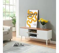 [en.casa] Meuble TV Banc Télévision Armoire Basse avec 2 Compartiments Ouverts 2 Portes de Placard Design Intemporel MDF Bois de Pin 120 x 35 x 50 cm Blanc Effet Teck