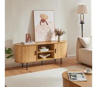 [en.casa] Meuble TV Design Scandinave Banc Télévision Table Télé Moderne avec 2 Coulissantes Compartiments de Rangement Passe-Câbles MDF Bambou Métal 140 x 40 x 55 cm Naturel Noir