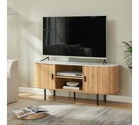[en.casa] Meuble TV Design Scandinave Banc Télévision Table Télé Moderne avec 2 Coulissantes Compartiments de Rangement Passe-Câbles MDF Bambou Métal 140 x 40 x 55 cm Effet Marbre Blanc Naturel