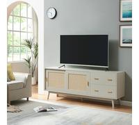 [en.casa] Meuble TV Élégant avec 2 Tiroirs 2 Portes Coulissantes Buffet Vaisselier Armoire Basse Rangement pour Salon Chambre MDF Polyrotin Bois de Pin 160 x 40 x 65 cm Beige