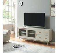 [en.casa] Meuble TV Élégant avec 2 Tiroirs 2 Portes Coulissantes Buffet Vaisselier Armoire Basse Rangement pour Salon Chambre MDF Verre Strié Bois de Pin 160 x 40 x 65 cm Beige