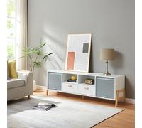 [en.casa] Meuble TV Modern et Élégant avec Compartiments de Rangement Tiroirs Passe-Câbles 2 Portes Banc Support Télé MDF Bambou 160 x 40 x 52 cm Blanc Naturel Gris