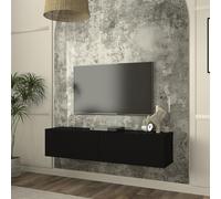 [en.casa] Meuble TV Mural avec 2 Portes Rabattables Façade Rainuré en 3D Support Télé Flottant Design pour Salon Chambre Bureau Panneau de Particules 135 x 32 x 30 cm Noir