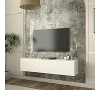 [en.casa] Meuble TV Mural avec 2 Portes Rabattables Façade Rainuré en 3D Support Télé Flottant Design pour Salon Chambre Bureau Panneau de Particules 135 x 32 x 30 cm Blanc