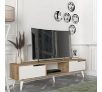 [en.casa] Meuble TV Support Télé 2 Portes Compartiment de Rangement Ouvert Passe-Câble Stable Élégant Moderne Salon Séjour Chambre Panneau de Particules 160 x 35 x 40 cm Effet Chêne Blanc