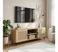 [en.casa] Meuble TV Support Télé avec 2 Compartiments de Rangement et 2 Portes Passages de Câbles Salon Chambre Stable Élégant MDF Plastique Tressé 152 x 40 x 54 cm Effet Chêne Effet Rotin