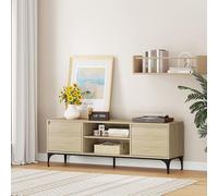 [en.casa] Meuble TV Support Télé avec 2 Compartiments de Rangement Ouverts et 2 Portes Passages de Câbles Intégrés Stable Élégant Salon Chambre Moderne Métal MDF 140 x 40 x 50 cm Effet Chêne Clair