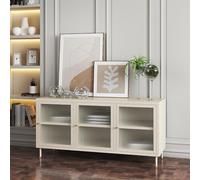 [en.casa] Meuble TV Support Télé avec 3 Portes de Fermeture Magnétique Étagères et Passages de Câbles intégrés Stable Élégant Salon Chambre Moderne Acier Verre Strié 120 x 40 x 59 cm Blanc Crème