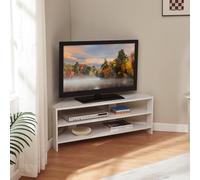 [en.casa] Meuble TV sur Pieds en Forme Biseautée Banc Télévision Armoire Télé avec 2 Compartiments de Rangement Passage des Câbles pour Salon Chambre Panneau de Particules 110 x 36 x 42 cm Blanc