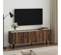 [en.casa] Meuble TV Trorlon 160 x 40 x 55 cm Effet Noyer Travertin | avec 4 portes, 3 compoartiments séparés, 2 passe-câbles, grand plateau, rangement, stockage, pieds robustes