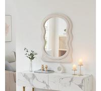 [en.casa] Miroir Mural Asymétrique Moderne avec Reflet Clair et sans Distorsion Cadre Incurvé Décoratif Maquillage Décoration Salon Chambre Salle de Bains Couloir MDF Tissu Peluche 80 x 60 cm Blanc