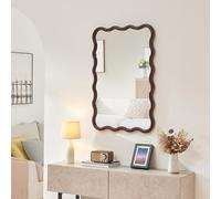 [en.casa] Miroir Mural Moderne avec Reflet Clair et sans Distorsion Cadre en Forme de Vague Décoratif Maquillage Salon Chambre Salle de Bains Couloir Bois de Paulownia MDF 90 x 60 cm Marron Foncé