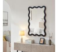 [en.casa] Miroir Mural Moderne Installation Horizontale ou Verticale avec Reflet Clair et sans Distorsion Cadre en Forme de Vague Intemporel Salon Chambre Salle de Bains Couloir MDF 90 x 60 cm Noir