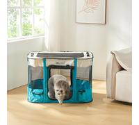 [en.casa] Parc Pliable pour Chiens Chats Chiots Enclos Parc d'Éveil Portable Bonne Circulation d'air Sac de Transport Fibre de Verre Polyester 600D Oxford 90 x 70 x 60 cm Bleu Beige