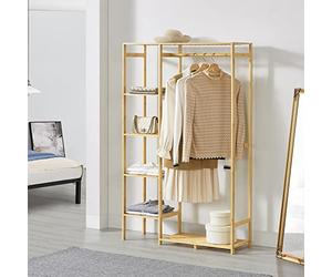 [en.casa] Portant à Vêtement Solide Garde-Robe Ouvert avec Barre de Penderie Surfaces de Rangement Bambou 145 x 90 x 30 cm Naturel
