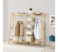 [en.casa] Portant à Vêtements à 2 Barres de Penderie avec Compartiments de Rangement et Étagères Inférieures pour Accessoires Portemanteau Entrée Dressing Chambre Bambou 139 x 158 x 40 cm Naturel