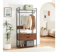 [en.casa] Portant à Vêtements avec 2 Étagères de Rangement et 2 Tiroirs Portemanteau avec Barre de Penderie Dressing Ouvert Syle Industriel Métal MDF 180 x 84 x 40 cm Noir Effet Noyer