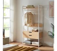 [en.casa] Portant à Vêtements avec 2 Étagères de Rangement et 2 Tiroirs Portemanteau avec Barre de Penderie Dressing Ouvert Syle Industriel Métal MDF 180 x 84 x 40 cm Blanc Effet Chêne