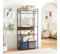 [en.casa] Portant à Vêtements avec 4 Surfaces de Rangement Portemanteau avec Barre de Penderie Dressing Ouvert Syle Industriel Métal MDF 180 x 84 x 40 cm Noir Effet Noyer