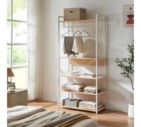 [en.casa] Portant à Vêtements avec 4 Surfaces de Rangement Portemanteau avec Barre de Penderie Dressing Ouvert Syle Industriel Métal MDF 180 x 84 x 40 cm Blanc Effet Chêne