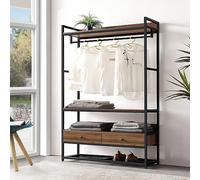 [en.casa] Portant à Vêtements avec Compartiment pour Chaussures Garde-Robe Ouverte Étagères et Tiroirs Portemanteau Industriel pour Entrée Chambre Métal MDF 180 x 120 x 40 cm Noir Effet Noyer