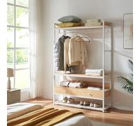 [en.casa] Portant à Vêtements avec Compartiment pour Chaussures Garde-Robe Ouverte Étagères et Tiroirs Portemanteau Industriel pour Entrée Chambre Métal MDF 180 x 120 x 40 cm Blanc Effet Chêne