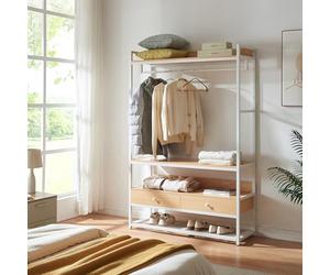 [en.casa] Portant à Vêtements avec Compartiment pour Chaussures Garde-Robe Ouverte Étagères et Tiroirs Portemanteau Industriel pour Entrée Chambre Métal MDF 180 x 120 x 40 cm Blanc Effet Chêne